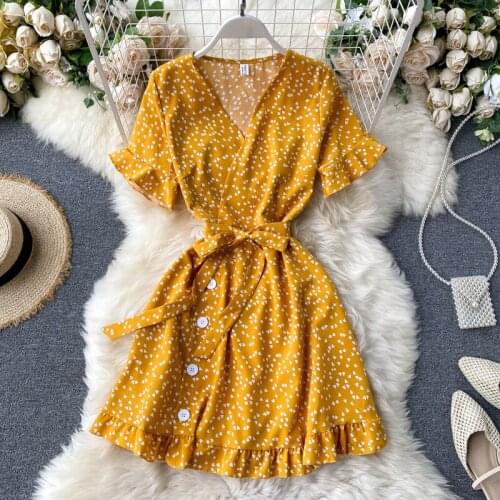 EKUWA Women Dresses Summer Sexy V Neck Floral Print Boho Beach Dress Ruffle Short Sleeve A Line Mini Dress Wrap Sundress Robe