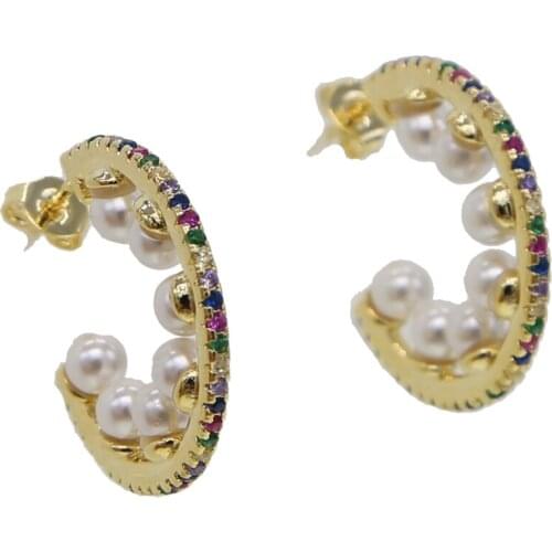 2019 latest gold color delicate minimal 15mm circle gorgeous jewelry rainbow colorful cz multi pierced pearl earrings