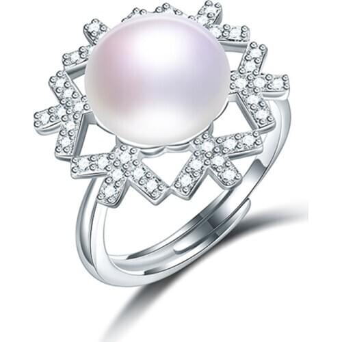 Big snowflake AAAA 10-11mm natural freshwater pearl ring for women gift, 925 sterling silver women adjustable jewelry ring