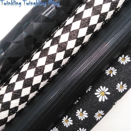Diamond Daisy Printed Glitter leather, Smooth Synthetic Leather Faux Fabric Sheet For Bow 21x29CM Twinkling Ming KM356