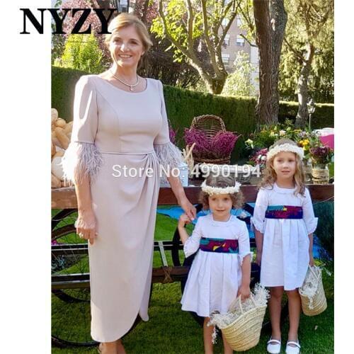 Ankle Length Silver Elegant Mother of the Bride Groom Dresses Feather Sleeves NYZY M231 Wedding Party Dress Vestidos Coctel 2019