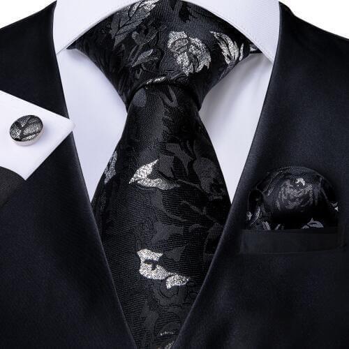 Men Necktie Black Silver Silk Paisley Wedding Tie For Men DiBanGu Designer Handky Cufflink Tie Set Fashion Business SJT-7196