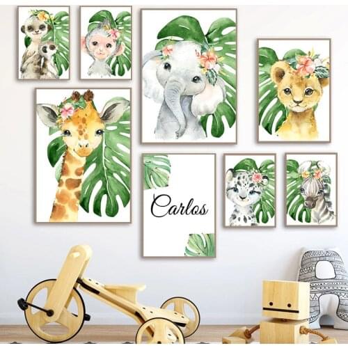 Customized Baby Name Wall Art Poster Print Eucalyptus Animals Canvas Painting Personalized Gift For Child Bedroom Wall Pictures