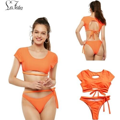 LaFata Women Thong Bikini Swimsuit High Waist Rash Guard Two Piece Sporty Bathing Suit neon orange
