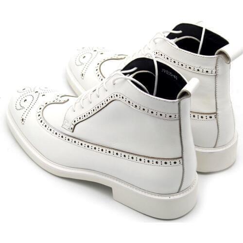 Brogue Wing Tip Mens White Ankle Boots Handmade Genuine Leather High Top Motorcyle Boots Male Pointed Toes Derby Shoes