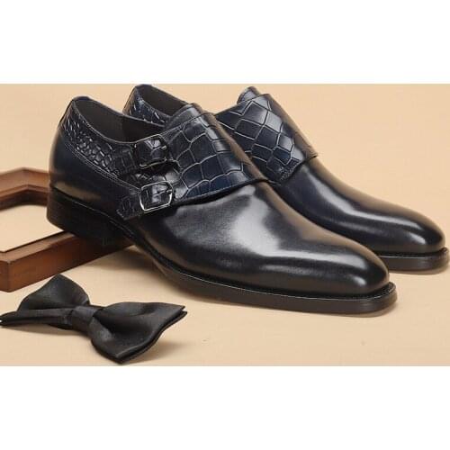 PJCMG New Spring/Autumn Handmade Slip-On Balck/Blue Genuine Leather Carved Dress Oxford Flat Men Shoes