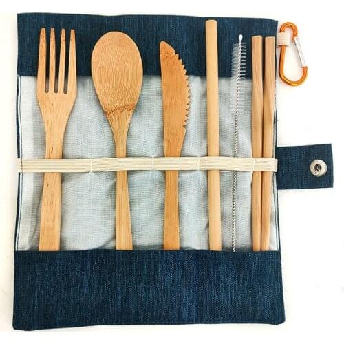 Hot 6pcs Eco Friendly Portable Bamboo Cutlery Set Flatware Set Utensil Biodegradable Tableware Set Knife Fork Spoon Wooden