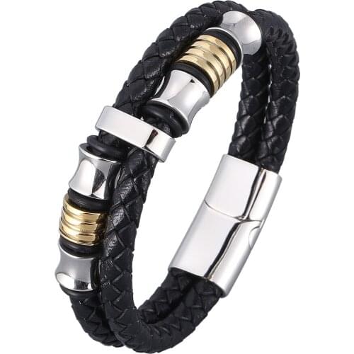 Charm Bracelet Men Black Braided Leather Bangles Magnetic Clasps Male Wrist Band Jewelry Gifts
