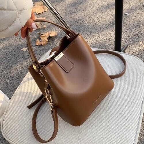 Solid Color PU Leather Bucket Crossbody Bags for Women 2021 Fashion Brand Designer Handbags Ladies Shoulder Messenger Purses