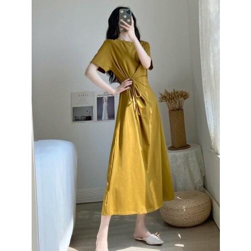 Large Size Dress Summer Female Student Korean Version Of Loose T-Shirt Skirt Waist Was Thinner Knee-Length Skirt