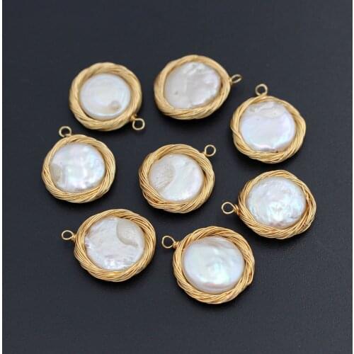 Freshwater Pearl Charms Round Flat Beads Handmade Gold Wire Wrapped Wired Pearls Jewelry Findings for Making Baroque Earrings