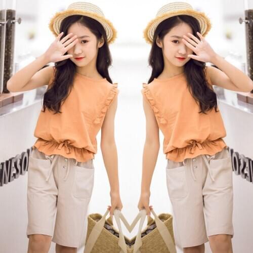 Casual Children Clothing Suits Two Piece T Shirt & Pants Summer Sleeveless Cotton Girls Clothes Sets Kids Outfits 4-12 Years