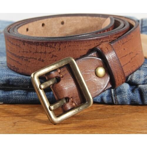 Mens 100% Cowhide Double Prong Buckle Heavy-duty Belt Fashion Jeans Belt Brown 3.8cm Wide Two Row Stitch Durable Work Belt
