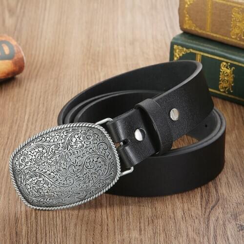 Western cowboy zinc alloy belt retro flower belt buckle PU belt mens gift