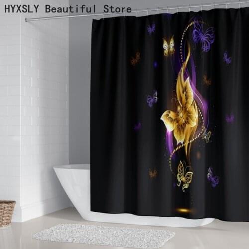 Butterfly Luxury Black Printing Shower Curtain 3D Bathroom Screen Cover Decor Set and 12pcs Hooks 180*180cm Mouldproof Protector
