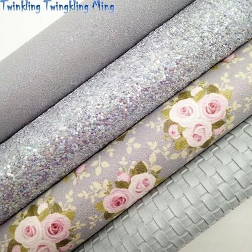 Grey Glitter Leather, flowers Printed Synthetic Leather, Weaving Faux Fabric For Bow A4 21x29CM Twinkling Ming KM072