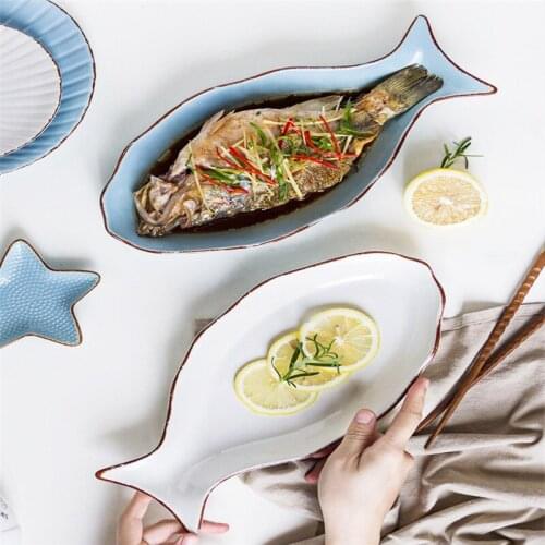 Fish plate creative ceramic dish Japanese meal plate new home style steamed fish plate Nordic tableware plate sushi plate set