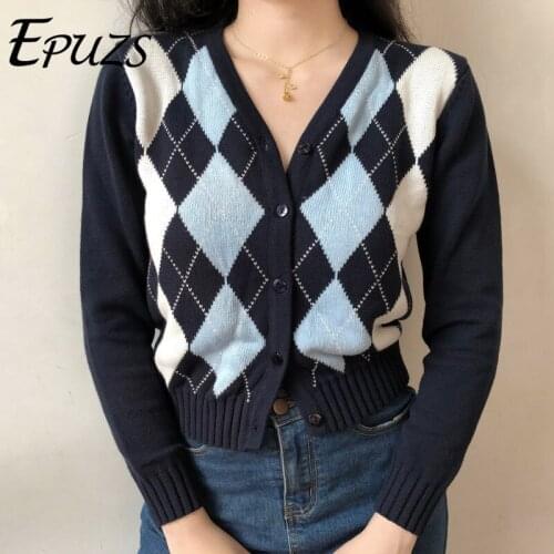 Vintage argyle pink Cardigan sweater women crop Sweater Fashion Long Sleeve knitted sweater casual women coat Chaqueta 2020