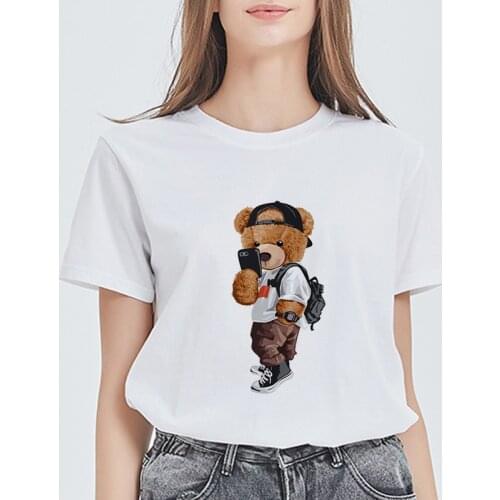 Women T Shirt Kawaii Bear taking photos Printing Harajuku Tshirt Fashion Aesthetic Short sleeve T-shirt Top Tees Female Clothes