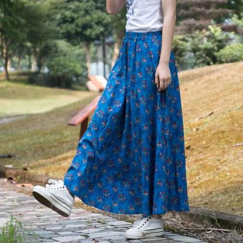 TIYIHAILEY Free Shipping 2021 New Fashion Long Maxi A-line Elastic Waist Women Cotton And Linen Print Flower Blue ring Skirts