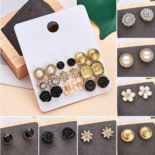 QCOOLJLY 9 PCS/SET Pearls Crystal Flower Leaves Stud Earrings For Women Elegant Black Round Earrings Fashion Jewerly Brincos