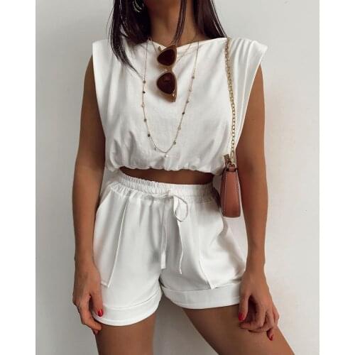 2021 Summer Sets Women Casual Two Pieces sleeveless T-Shirts and High Waist Short Pants Solid Outfits Tracksuit