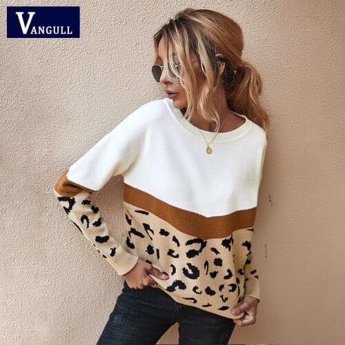 Vangull Fashion Leopard Patchwork Sweater Winter 2020 Ladies Knitted Sweater Women O-neck Full Sleeve Jumper Pullovers Tops