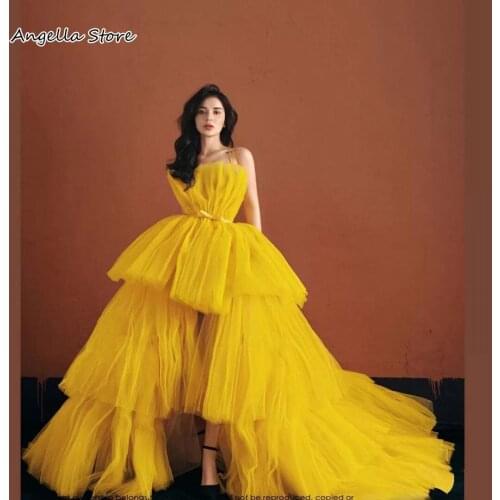 Yellow Pleats High Low Prom Dresses For Women Girls 2021 Straps Tiered Trains Long Tulle Evening Gowns Special Occasion Dress
