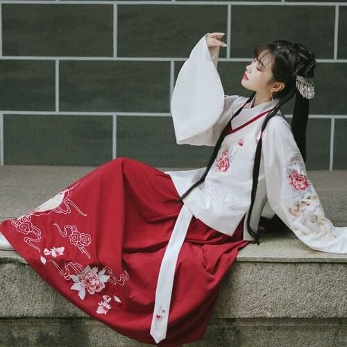 "Xi Jiang Yue" Womens Chinese Style Vintage Dress Gorgeous Elegant Hanfu Long Dress 2Pcs Set Shirt Ruqun Embroidery