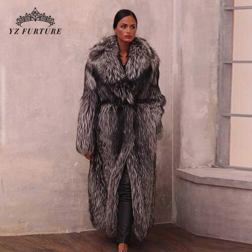 2020 New Arrival Long Real Sliver Fox Fur Coat Lapel Collar Women Overcoat Winter Real Fur Jacket Natural Coat Plus Size FC-042