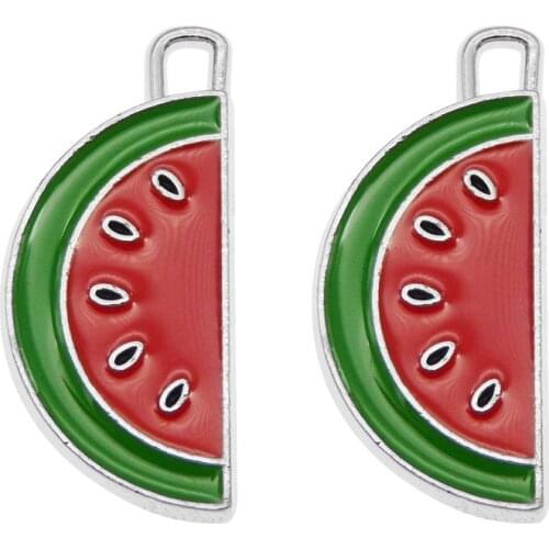Julie Wang 5PCS Enamel Red Watermelon Charms Alloy White K Tone Artificial Fruit Pendants Bracelet Jewelry Making Accessory