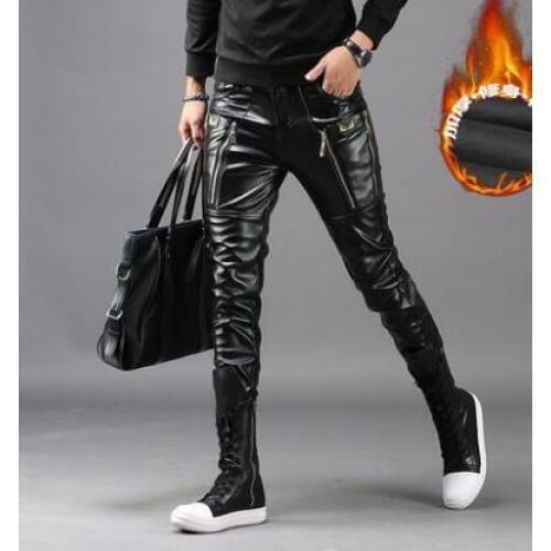 Casual personality thicken motorcycle tight leather pants mens feet pants pu trousers for men pantalon homme autumn winter