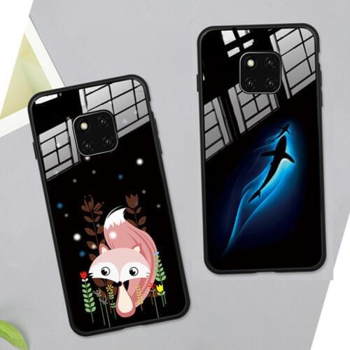 Tempered Glass Case For Huawei Mate 20 Pro cases Black Cartoon Cute Fox slim Hard Cover For Huawei Mate 20 Lite phone Casing