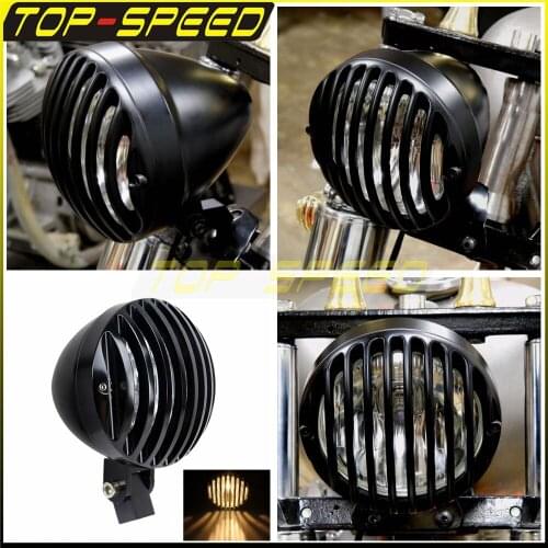 Black Motorcycle Retro Front H4 4.5'' E-Mark High / Low Beam With Grille For harley Chopper cafe racer cruiser custom