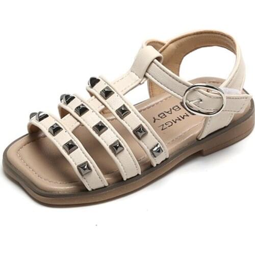 CUZULLAA Children Fashion Rivets T-Strap Beach Sandals For Kids Girls Summer Hook & Loop Flat Shoes Size 22-31