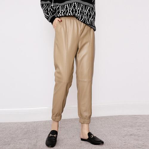 Women Roupas Female Korean Style Simple Genuine Leather Pants Elastic Waist Ankle Pantalon Mujer Pocket Harem Pure Skin Trousers