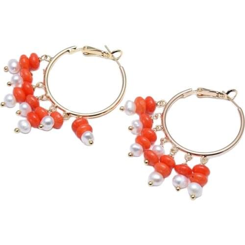 GuaiGuai Jewelry Orange Coral White Pearl Gold Plated Big Circle Hoop Earrings Handmade For Women Exaggerate Circle Earrings