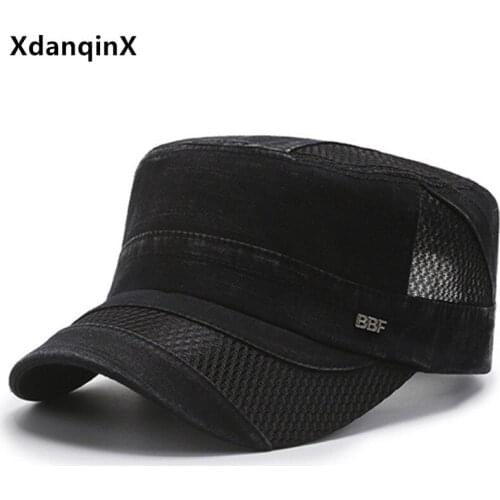 XdanqinX Snapback Cap Adjustable Size Men Flat Cap Summer Breathable Mesh Military Hats Washed Cotton Navy Hat Casual Sports Cap