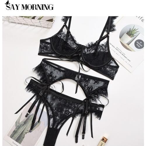 SAY MORNING New Womens Eyelash Lace Underwire Lace Garter Sexy Lingerie Set Thin Section Mesh See-through Erotic Underwear