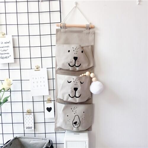 Kitchen Supplies Cartoon Hanging Bag Storage Basket Bathroom Kid Bathing Toy Hemp Cotton Storage Bag Folding Organizer 3 Pockets