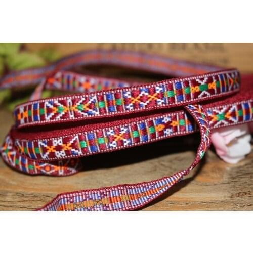 Wide 1.2cm 16yards/lot Polyester Woven Jacquard Ribbon dark red Geometric pattern for curtain and clothing accessory LS-2343