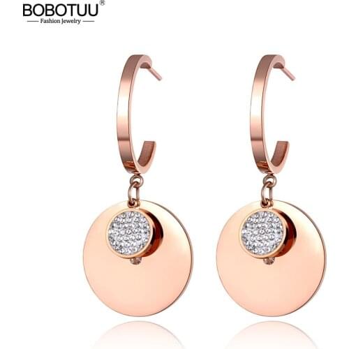 BOBOTUU Trendy Stainless Steel Rose Gold Drilling Disc Earrings Bohemia Clay Shiny Rhinestone Creative Jewelry For Girl BE19104