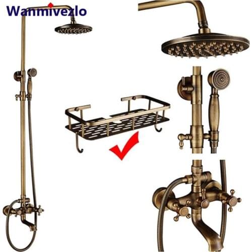 Antique Brass Shower Faucets Set 8'' Rainfall Shower Head Brass Handshower Dual Handle Mixer Tap Rotation Bath Shower Faucet