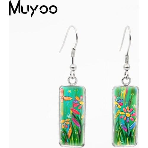 New Hot Painting Poppies Daffodil Tulip Daisy Flowers Art Pattern Square Pendants Glass Cabochon Jewelry Hook Earrings