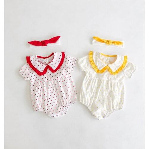 Newborn Girl Clothes 2021 Summer Baby Bodysuit Short Sleeve Dot Print Baby Girls Peter Pan Collar Romper + Headband 2PCS 0-24M