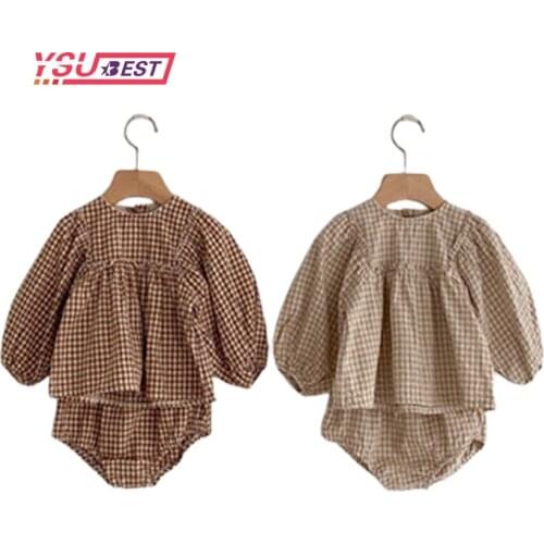 Autumn Toddler Girls Suit Baby Clothing Plaid Full Sleeve Shirt and Bloomer 2pcs Girls Clothes Set Fashion Toddler Girls Set