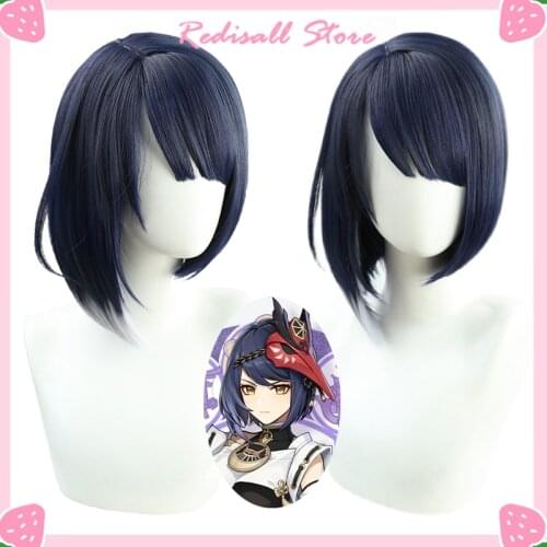 Genshin Impact Kujo Sara Wig Cosplay INAZUMA Dark Blue Heat Resistant Synthetic Hair Free Wig Cap