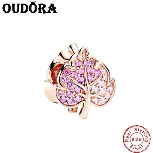 Sparkling Pave Leaf Charm Fit Original Pandora Charms Silver 925 Bracelet Rose Gold Leaves Charm Bead Jewelry Berloque Making