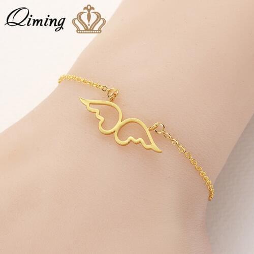 QIMING 2019 Angel Wing Charm Bracelet For Women Memorial Statement Jewelry Accessories Steel Handmade Bracelet Femme
