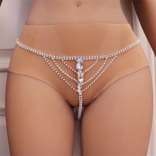 Sexy Rhinestone Chain Thong Bikini Underwear Jewelry for Women Simple Square Crystal Triangle Panties Belly Waist Body Chain